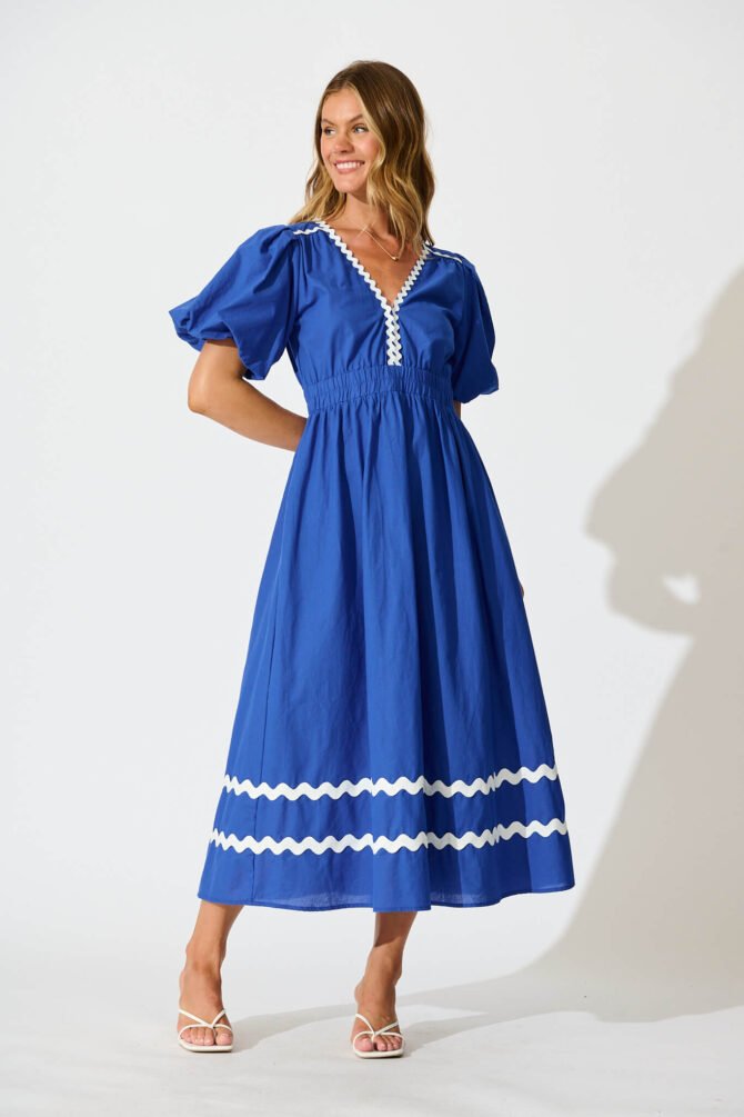 Maxi Dress in Cobalt with White Ric Rac Trim Cotton