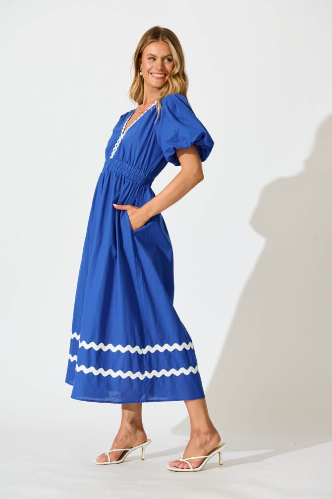 Maxi Dress in Cobalt with White Ric Rac Trim Cotton - Image 3