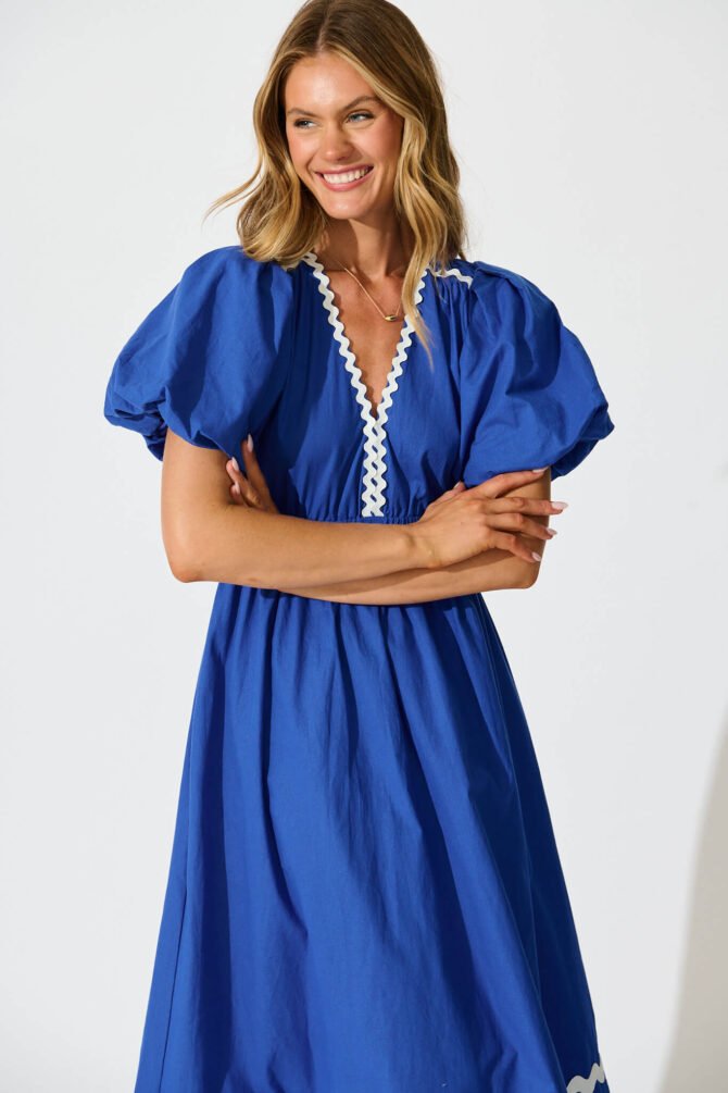 Maxi Dress in Cobalt with White Ric Rac Trim Cotton - Image 2