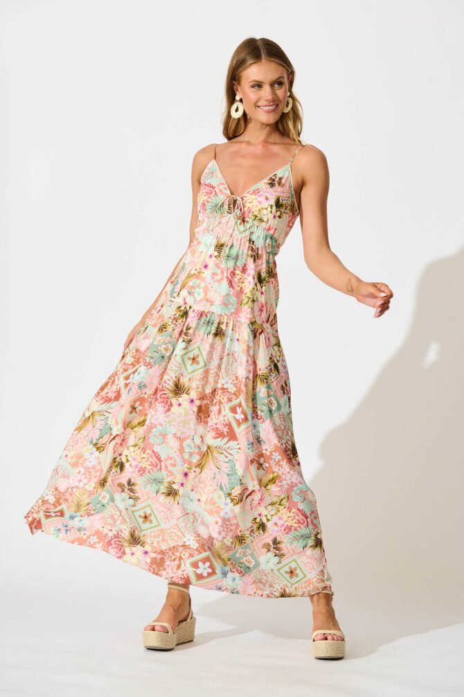 Maxi Sundress In Tropical Patchwork Print
