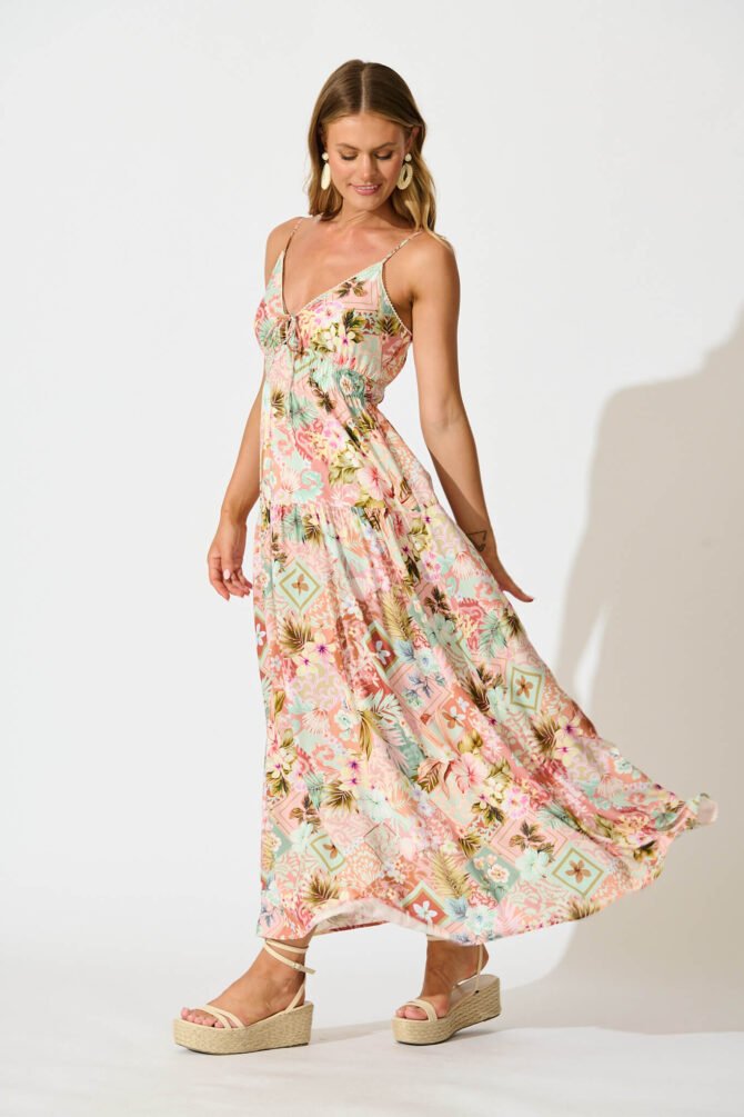 Maxi Sundress In Tropical Patchwork Print - Image 3