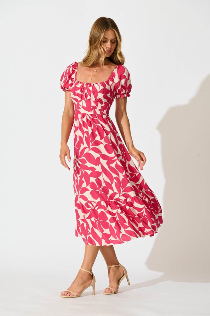 Midi Dress In Pink Leaf - Image 3