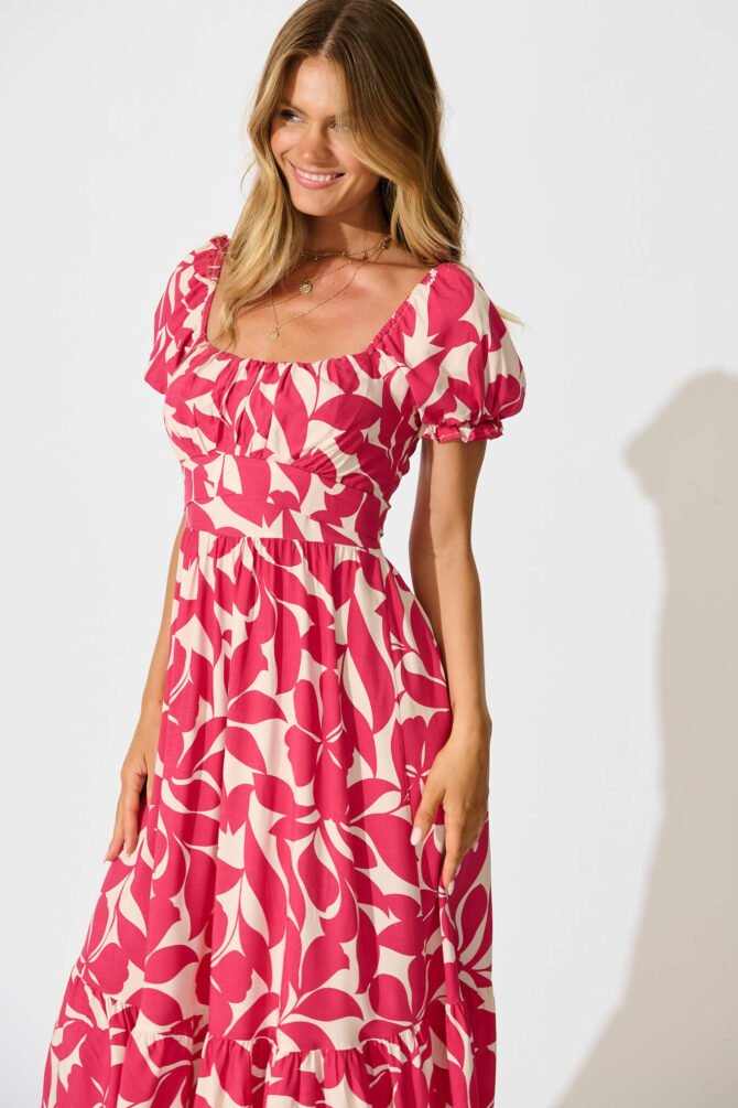 Midi Dress In Pink Leaf - Image 2