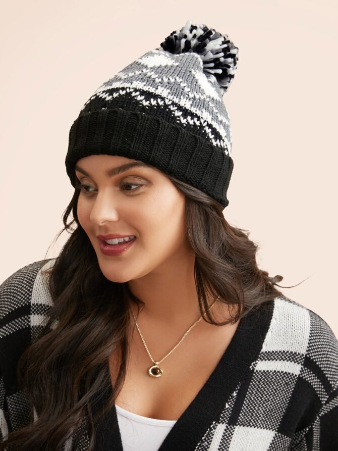 Geometric Jacquard Fluffy Ball Hat - Image 2