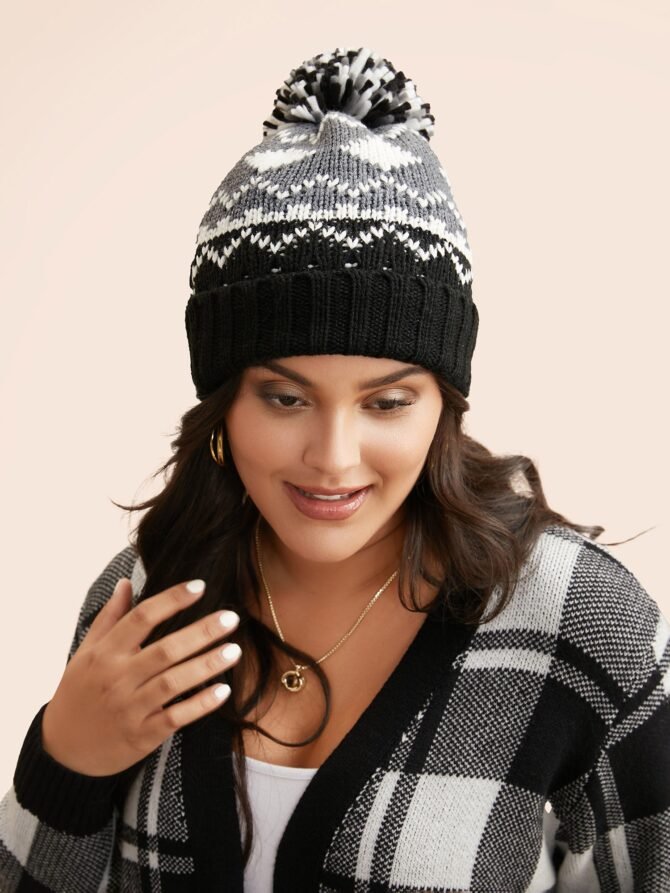 Geometric Jacquard Fluffy Ball Hat