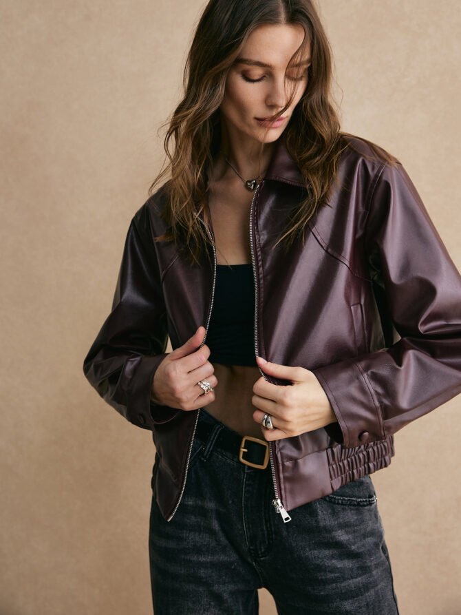 Lapel Zipper PU Leather Short Jacket - Image 2