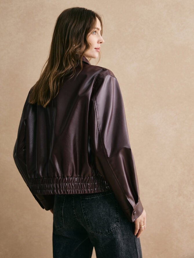 Lapel Zipper PU Leather Short Jacket - Image 3