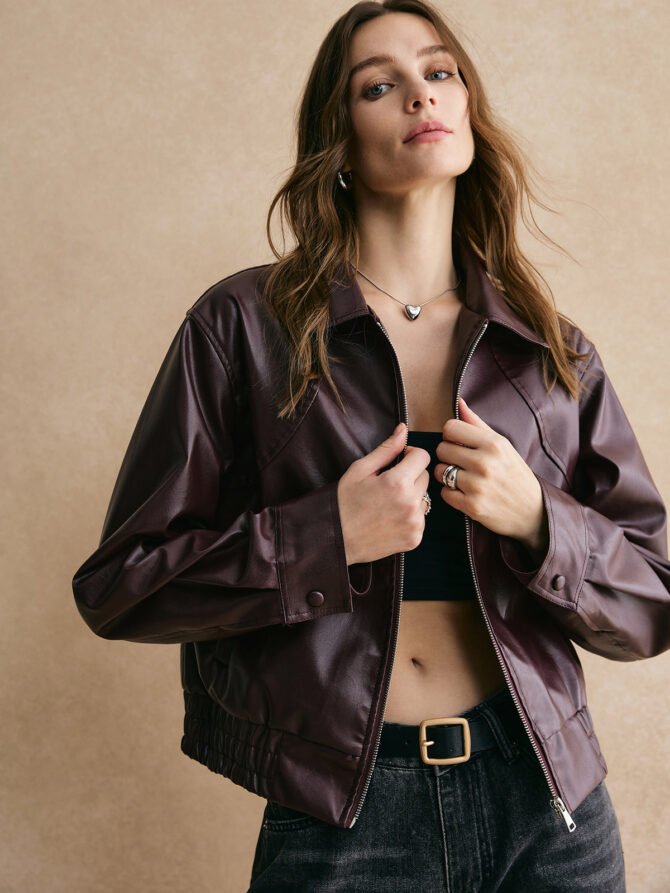Lapel Zipper PU Leather Short Jacket - Image 6