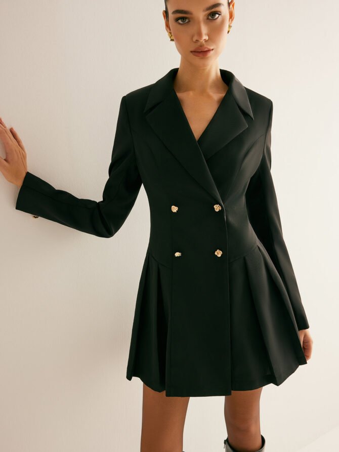 Pleated Blazer Dress With Shoulder Pads - Image 3