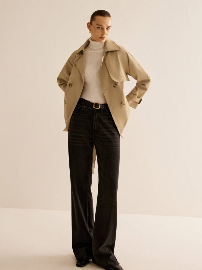 Buckle Design Lapel Belted Trench Coat - Image 2
