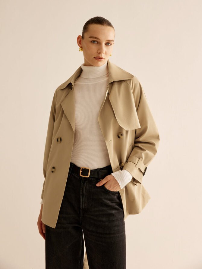 Buckle Design Lapel Belted Trench Coat - Image 4