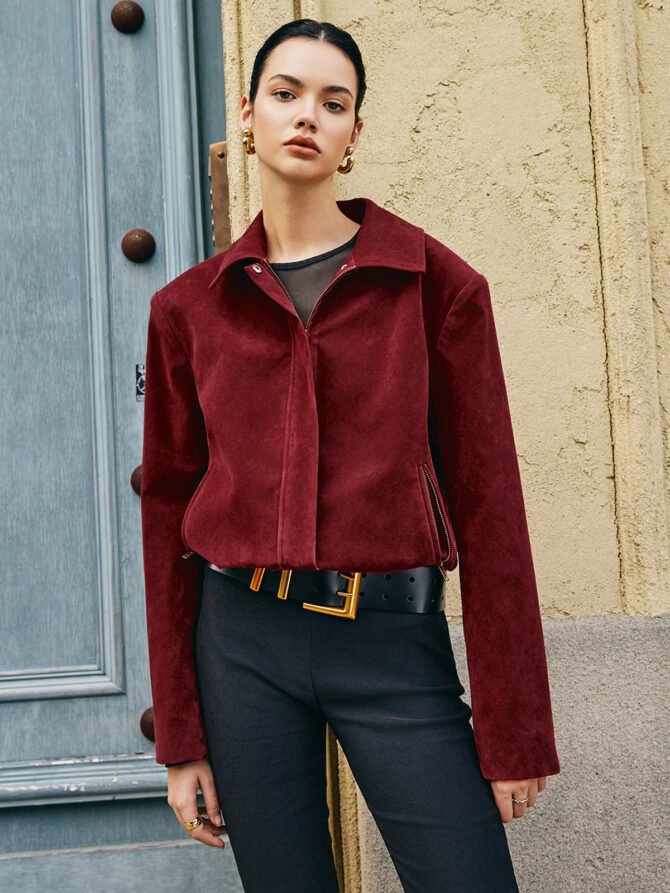 Zipper-Pockets Lapel Suede Jacket - Image 5
