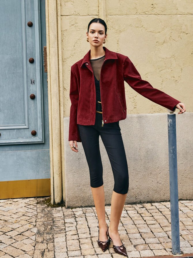 Zipper-Pockets Lapel Suede Jacket - Image 2
