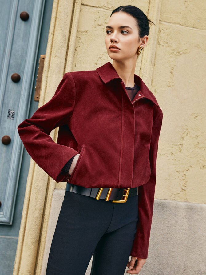 Zipper-Pockets Lapel Suede Jacket - Image 3