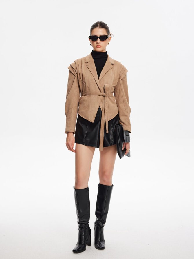 Retro Lapel Belted Short Jacket - Image 4