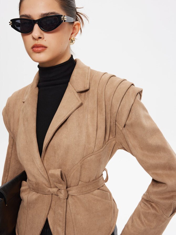Retro Lapel Belted Short Jacket - Image 5