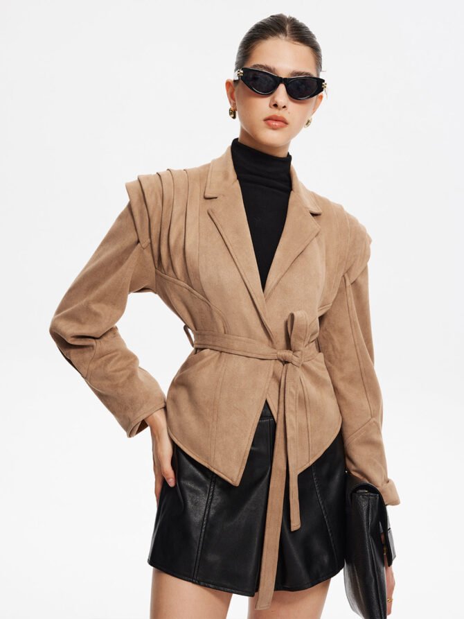 Retro Lapel Belted Short Jacket - Image 2