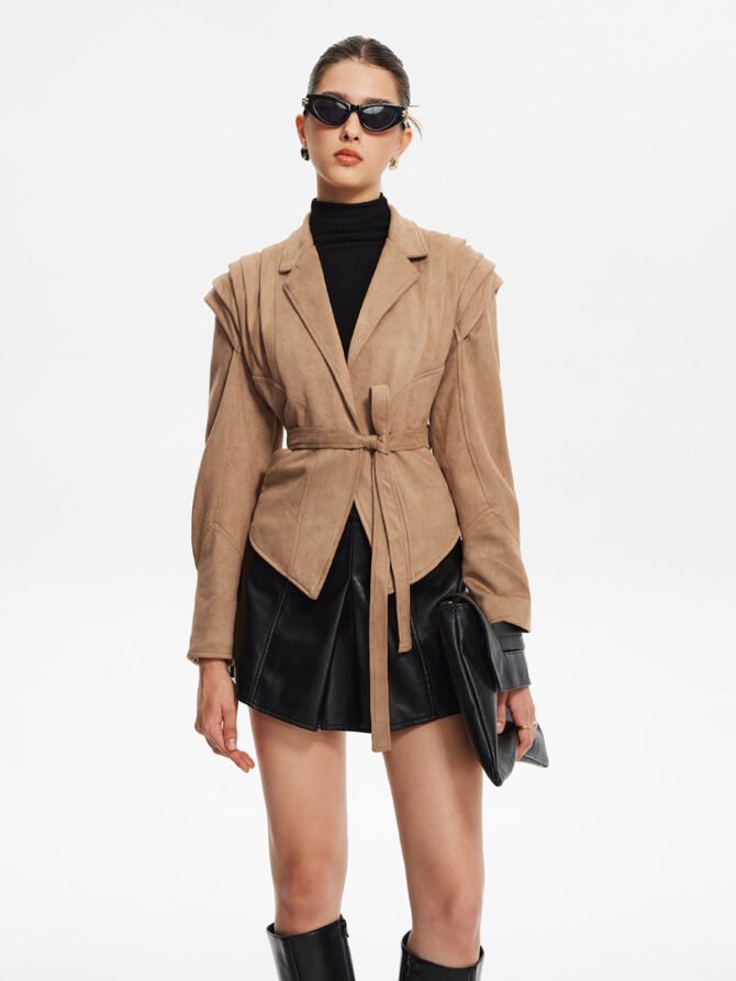 Retro Lapel Belted Short Jacket - Image 3