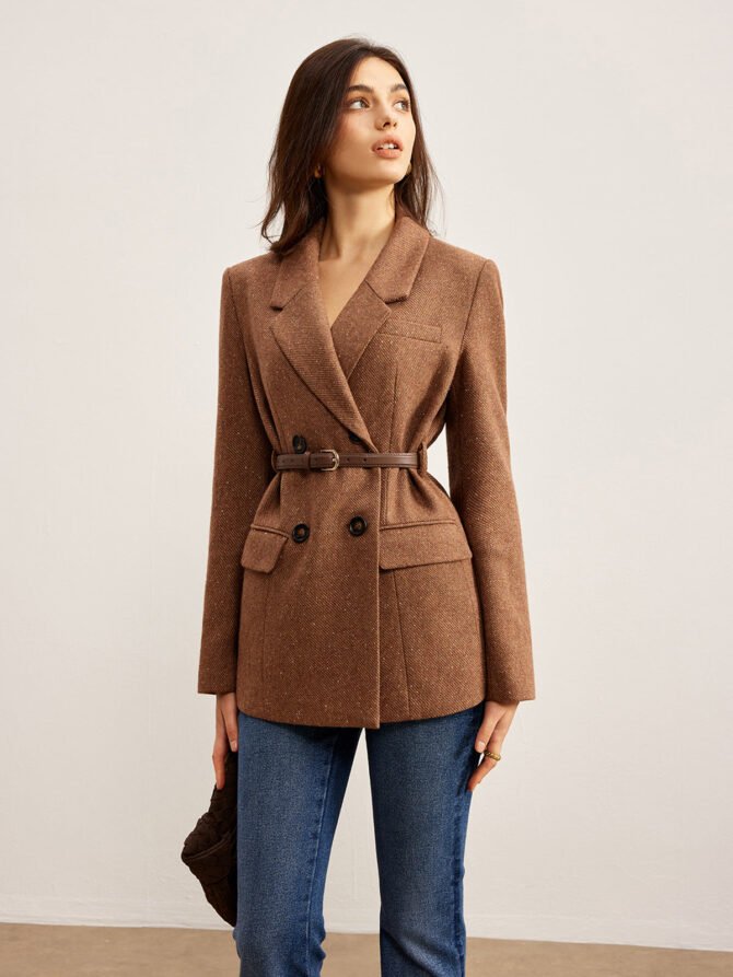 Wool-Blend Textured Belted Blazer - Image 3