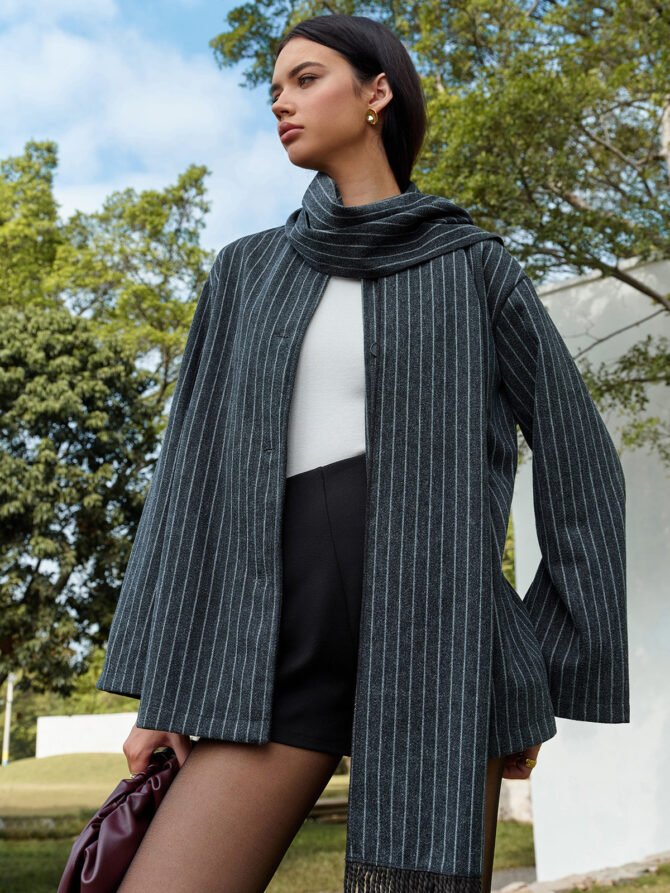 Pinstripe Button Blazer With Tassel Scarf - Image 2