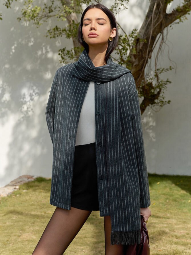 Pinstripe Button Blazer With Tassel Scarf - Image 5