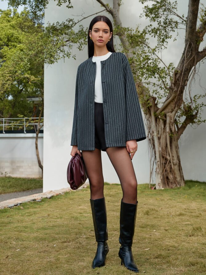 Pinstripe Button Blazer With Tassel Scarf - Image 4